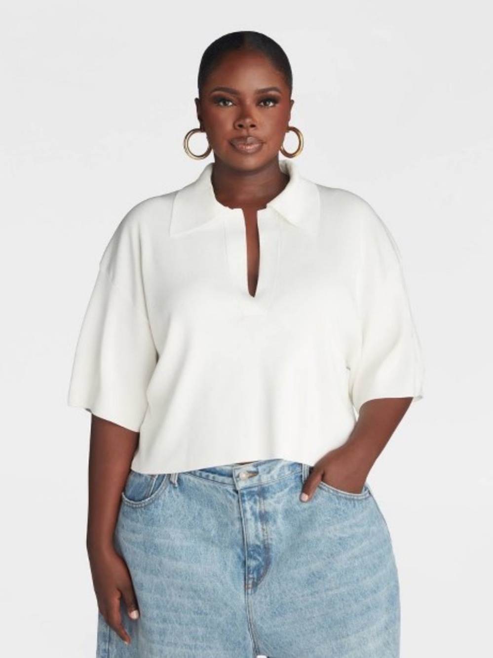 KBB by KAHLANA Women’s Short Sleeve Boxy ‘The Cropped Polo Sweater’ WHITE